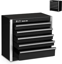 P.I.T. Mini Black Tool Box, Portable 5-Drawer Micro Roll Cab Steel Stackable Too
