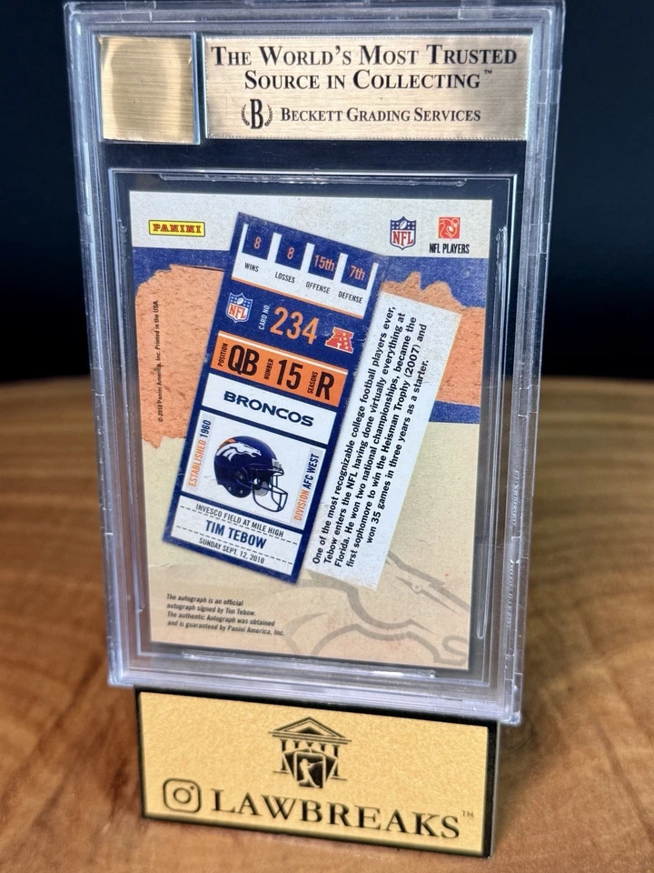 2010 PLAYOFF CONTENDERS ROOKIE TICKET AUTO RC /400 - TIM TEBOW - BGS GEM MT 9.5 - Image 2 of 2