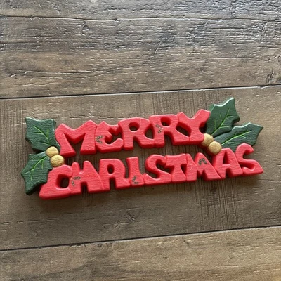 Vtg Kitschy Merry Christmas Sign Wood Looking Plastic Wall Decor 15" Red Green - Image 1 of 4