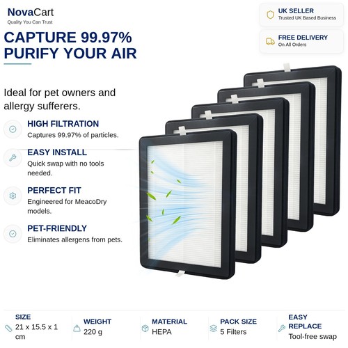 HEPA Filter 5 Pack - For MeacoDry Arete One 10L 12L - H13 Dehumidifier