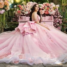 Pink Quinceanera Dresses Shiny Applique Beaded Bow Tiered Ball Gowns Sweet 15 16