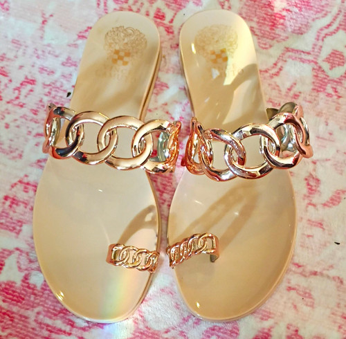 Vince Camuto Women’s Slide Sandals Beige/Rose Gold Chain Slip-On US 7