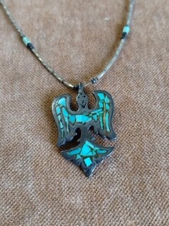 Vtg Navajo THUNDERBIRD Necklace Inlaid Turquoise Signed T #D4