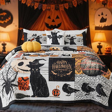 Halloween Quilt Set Bedspread Set Reversible Quilt Queen Size 3 Piece Black Cat