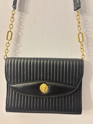 Vintage Anne Klein Oroton Kitsch Bag Purse 1980s Black Leather Gold Lion Emblem