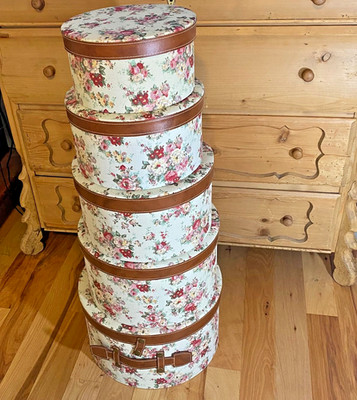 Lot of Five Cloth Cabbage Rose Round Nesting Stacking Storage Boxes Cottagecore