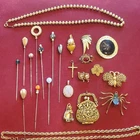 Vintage Costume Jewelry Mixed Lot Gold Tone Metal 21pc Pins Brooch Pendants