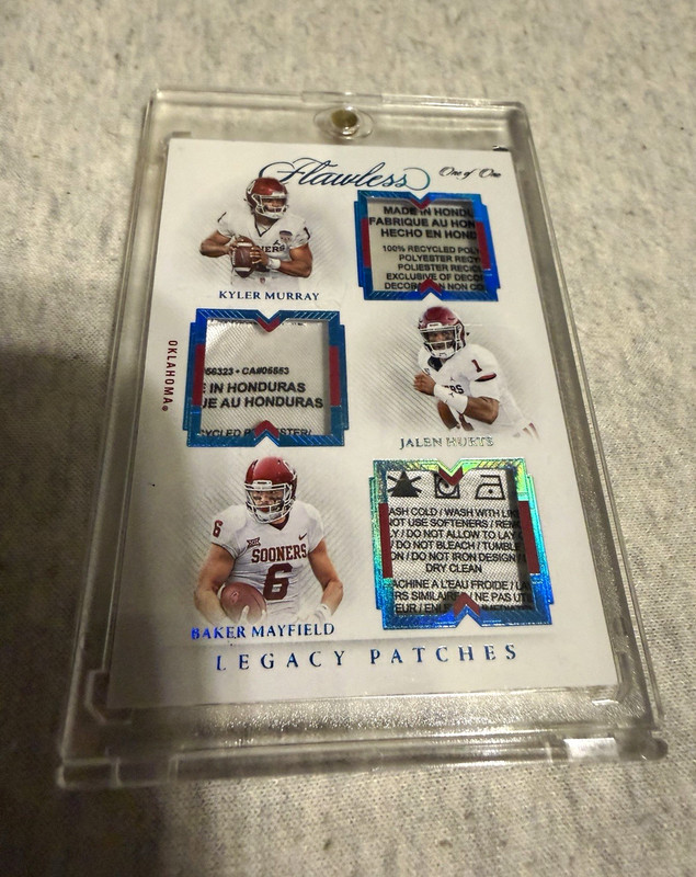 Panini 2022 Flawless Collegiate Legacy Patches LP-OKL Hurts Mayfield Murray 1/1