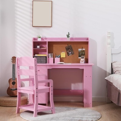 Kids Study Desk Chair Set Children Study Table with Storage Cabinet & Drawers