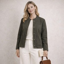 EILEEN FISHER Olive Green Mandarin Collar But...