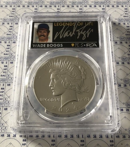 Wade Boggs Autographed 1 Oz 2024 $1 Silver Peace Dollar Graded PCGS/PSA MS70