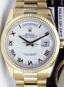 ROLEX-36mm-DayDate-Bold-Roman-PRESIDENT-18kt-Gold-White-ROMAN-118238-SANT-BLANC