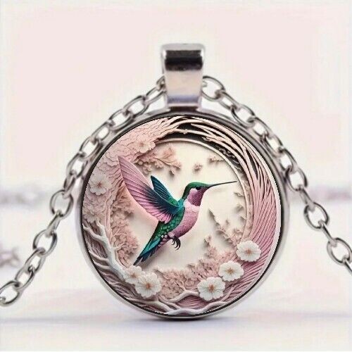Colorful Hummingbird Pattern Round Pendant Necklace, Bohemian - Picture 2 of 5