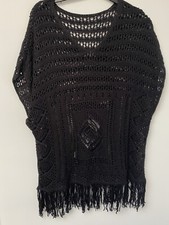 Wallis Black Crochet Beach Cover Up S/M Boho Fringe Festival Sheer Holiday Top