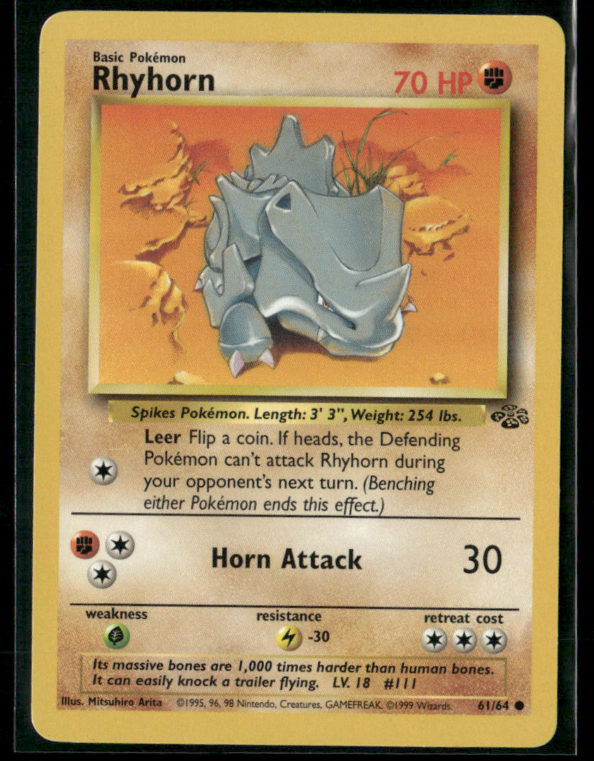 1999 Pokémon Rhyhorn #61/64 Fossil Set Rare Trading Card