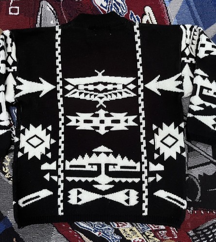 VINTAGE FARAGI SWEATER BLACK WHITE ACRYLIC AZTEC NATIVE PATTERN MEDIUM 90s - Picture 8 of 9