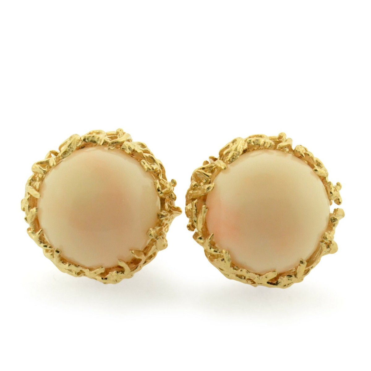 VINTAGE Angel Skin Pink Peach Coral Omega Back 14k Yellow Gold Estate  Earrings