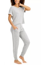 Alfani XXL Ultra-Soft Knit PJ Top  Contrast Trim Pants 2pc Set Heather Grey