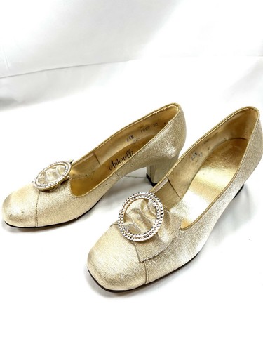 Antonelli Gold Vintage Women’s Heels Pumps 6.5 Narrow Rhinestone Buckle - Picture 3 of 12