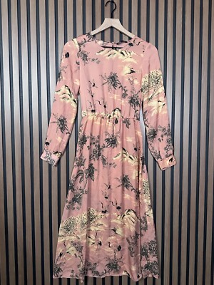 Zara Dress XS Womens Peach Floral Long Sleeve Midi Belted Keyhole Beach  Coast