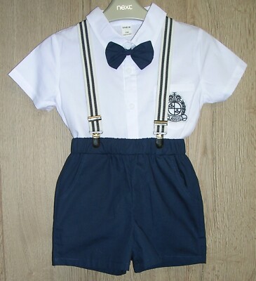 SHEIN new Boys Dark Blue Shorts Braces White Shirt Dickie Bow Tie