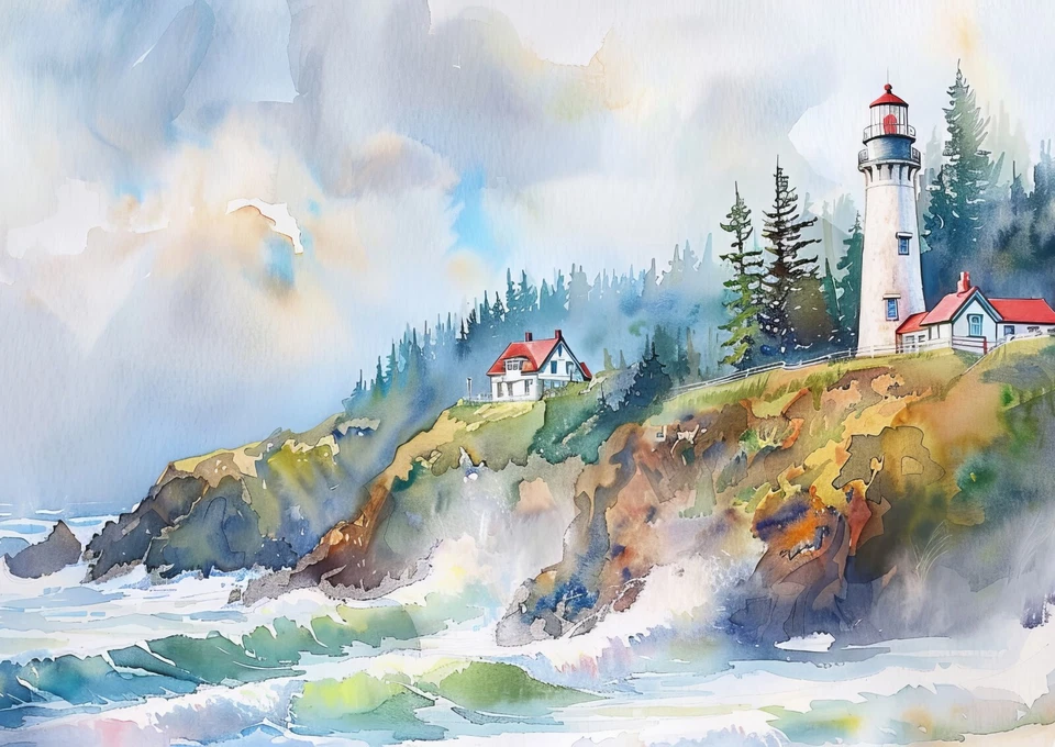 Tranquil Lighthouse Shore 5"x7" Print on Matte Paper | Atmospheric Coastal Art - Image 3 of 4