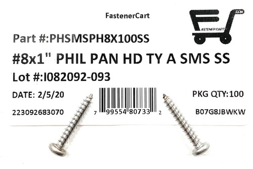 (100) #8 x 1 Stainless Steel Phillips Pan Head Sheet Metal Screws Type A - Picture 2 of 5