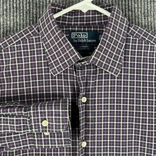 Polo Ralph Lauren Shirt Mens 16.5 Large Purple Check Long Sleeve Button Up