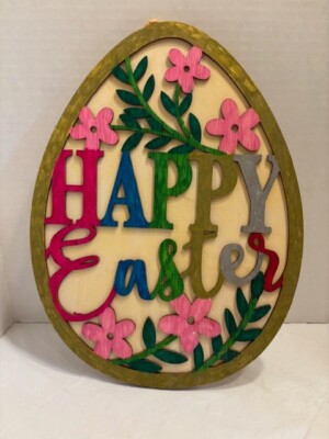 Happy Easter wooden sign egg shaped  for door(-e-04)