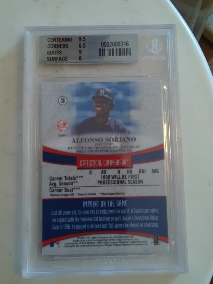 1999 TOPPS GOLD LABEL CLASS 1#30 ALFONSO SORIANO ROOKIE CARD BGS 8.5 - Image 2 of 2