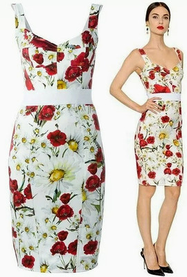 Dolce & Gabbana Bustier Floral Daisies Poppies Print Weiß Bodycon Kleid IT38