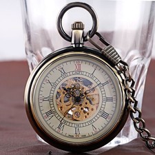 Luxury Open Face Roman Number Self Winding Mechanical Pendant Pocket Watch Chain