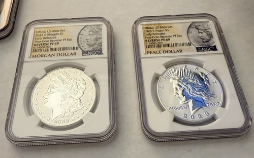 2023 S NGC REVERSE PROOF PF69 SILVER MORGAN & PEACE DOLLAR 2 Pc Coin Set