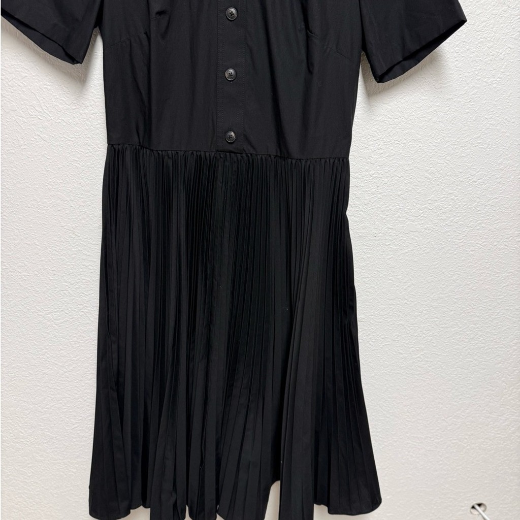 Tory Burch Pleated Short-Sleeve Poplin Midi Shirtdress in black cotton poplin thumbnail 3