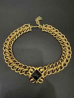 Rare Vintage MONET Goldtone Black Stone Lucite? Chunky Chain Statement Necklace