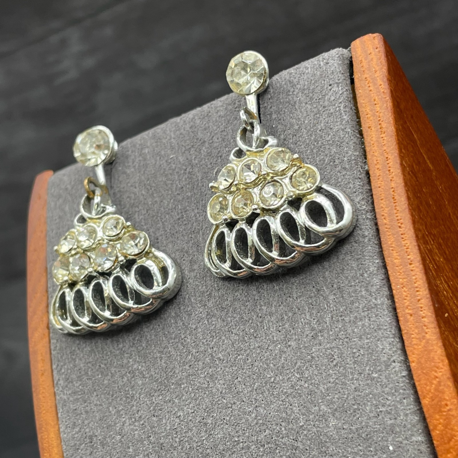 Silver Tone Rhinestone Loop Fan Dangle Earrings V… - image 4