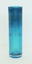 Handblown Thick Bubble Art Glass Cylinder Bud Vase Clear Aqua Blue 7 1/4"