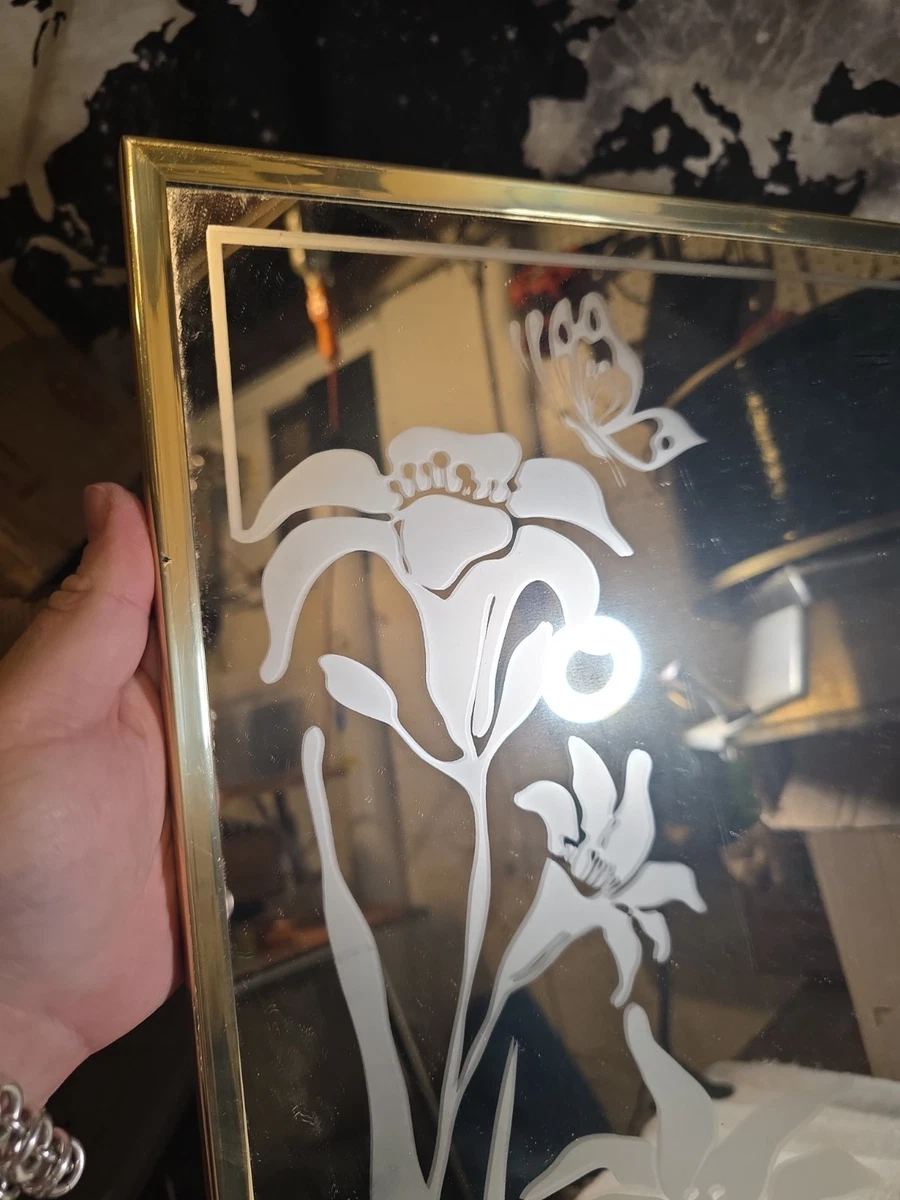 Vintage MCM Etched Gold Framed Mirror 16x20 Lilies And Butterflies Mirror