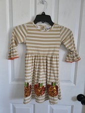 Rare Editions Girls Fall Dress Tan White Stripe Sequin Pumpkin Size 5