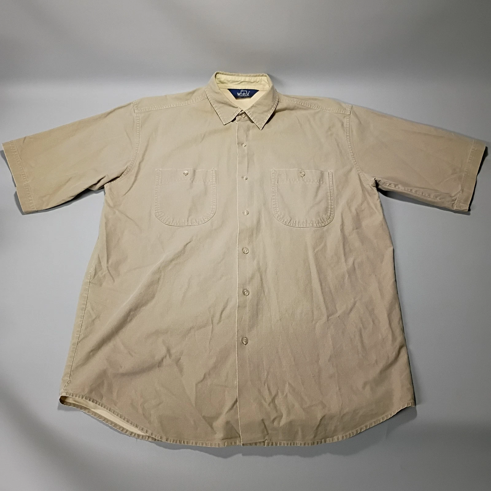 VTG Woolrich Shirt Mens Medium Button Down Short Sleeve Outdoor Hiking Tan Khaki