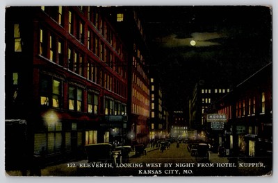Full Moon Night Eleventh Street Hotel Kupper Kansas City Missouri Postcard 1914