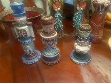 CHRISTMAS SNOWMAN FAMILY 3 SET CANDLE HOLDER Pa Ma Child XMAS Primitive Pottery