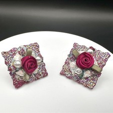 Vintage 90s Square Glitter Handmade Stud Earrings Rose Pearl Statement Jewelry