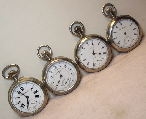 antique~WALTHAM~A.W.CO.~ILLINOIS~REG.~FOUR 18s MEN'S POCKET WATCHES~PARTS/REPAIR