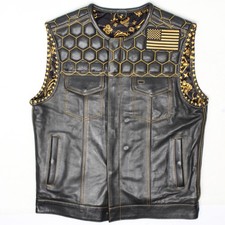 First Mfg Hornet Motorcycle Vest Mens M Black Yellow Leather Concealed Carry