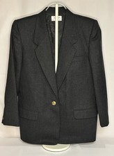 Vtg 90s Talbots Petites Wool Blazer Jacket 14P Gray Gold Crest Button USA Made