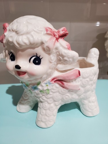 Vintage Baby Lamb Ceramic Planter White Glaze Pink Bow Pastel Flowers