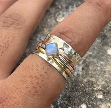 Moonstone Spinner Ring 925 Silver Handmade Fidget 3 Band Birthstone Gift Jewelry