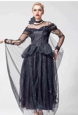 IKALI Women Dark Witch Dress Costume Magic Witch Gown w/ Cape Adult Black Large