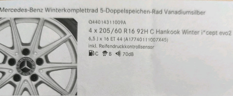 Ein Satz Merzedes Winterreifen 205/60 R16 92H C mit Reifendruckkontrollsensor - Bild 2 von 3